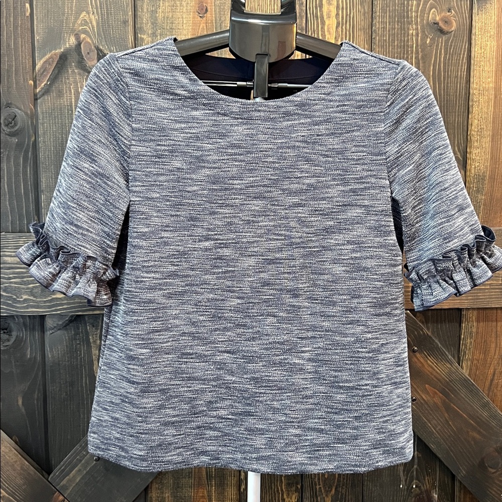 Banana Republic Boucle Ruffle Cuff Top Navy White Marled Knit Top S Quiet Luxury